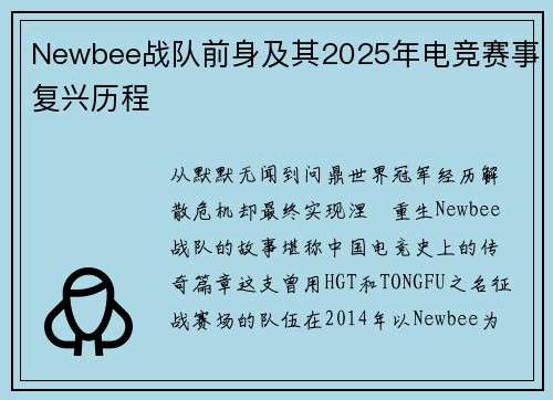 Newbee战队前身及其2025年电竞赛事复兴历程