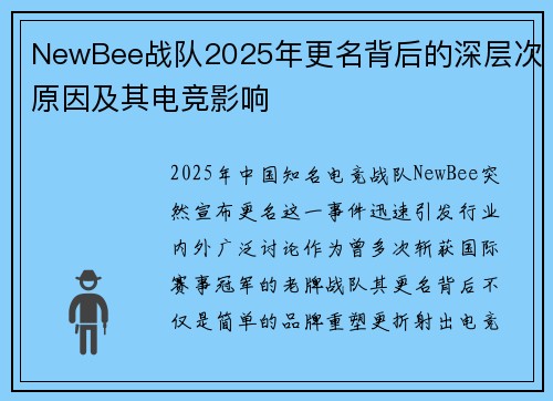 NewBee战队2025年更名背后的深层次原因及其电竞影响